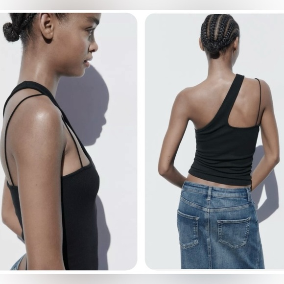 Zara Asymmetric Neckline Black top nwt size small - Picture 3 of 7